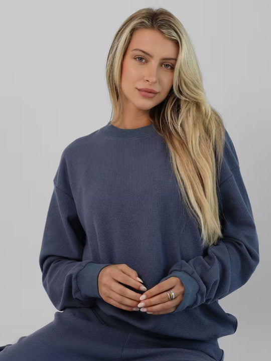 Damen geräumiges Waffelstrick-Loungewear-Set mit Rundhalsausschnitt und Tunnelzughose Shop Nory