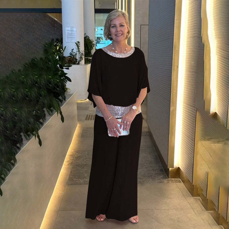 Damen Eleganter Jumpsuit mit schimmerndem Oberteil und weitem Bein