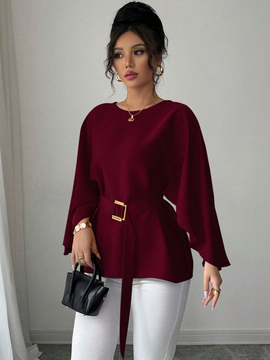 Damen Elegante Chiffon-Tunika mit Cape-Ärmeln und Taillengürtel Shop Nory