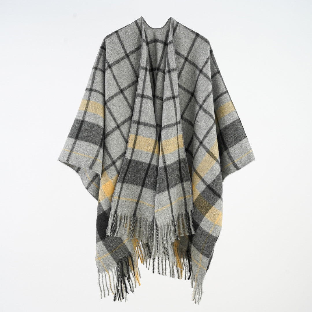 Damen Weicher Wollmix-Überwurfponcho im tartan-inspirierten Karo mit Fransen Shop Nory