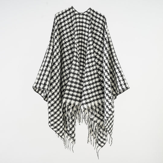 Damen Offener Wollmix-Poncho im Hahnentritt‑Karo mit Fransen Shop Nory