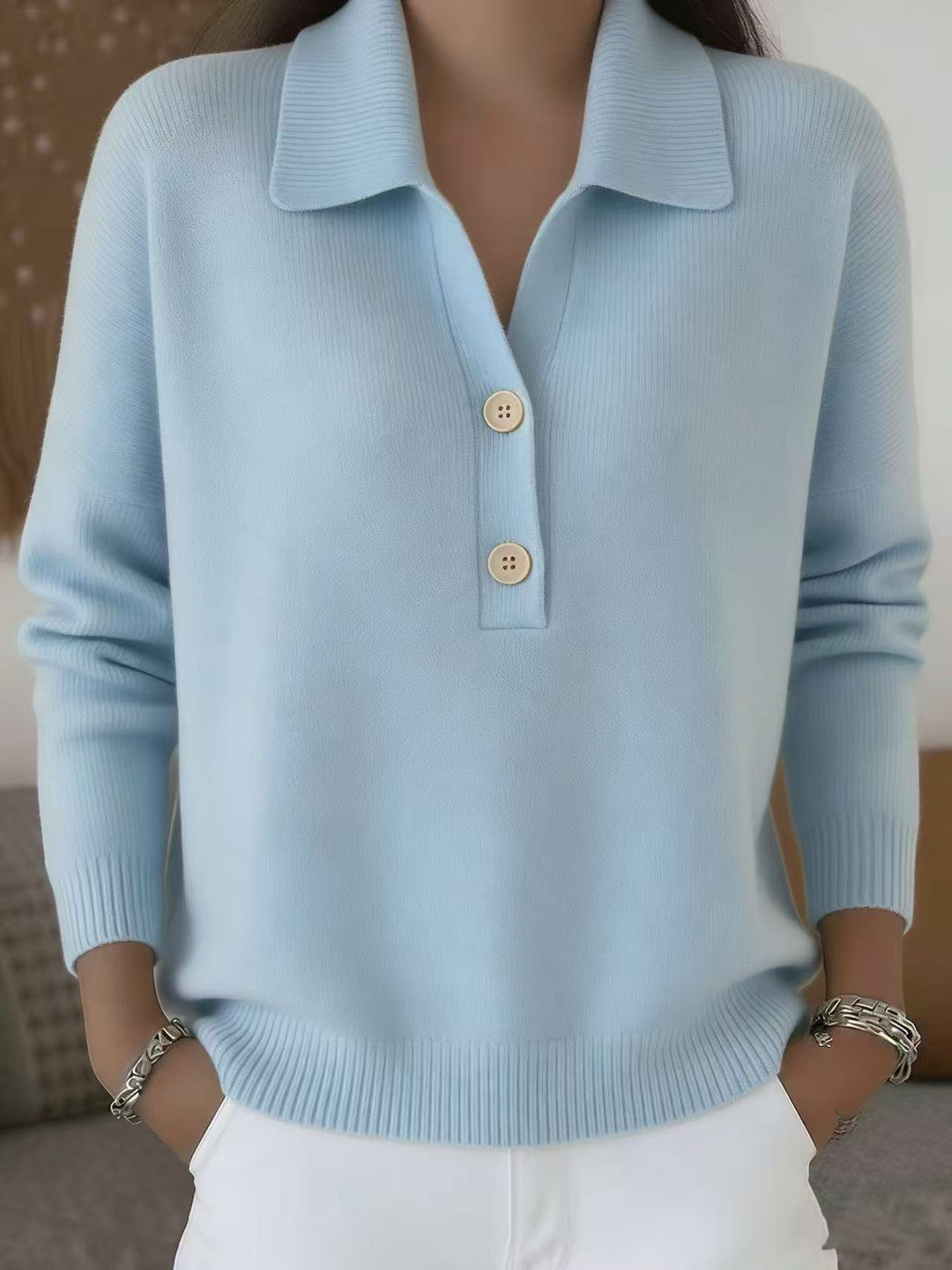 Damen lässiger Feinstrickpullover mit Polokragen und Zwei-Knopf-Leiste Shop Nory