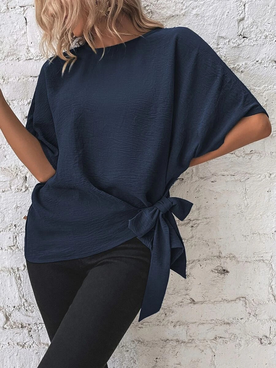 Damen Oversize Kurzarm-Top mit seitlicher Schleife und Crinkle-Struktur Shop Nory