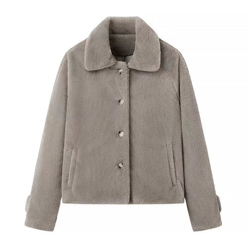 Damen Kurz geschnittene Teddy‑Fleecejacke mit Hemdkragen, verdeckter Knopfleiste und Eingrifftaschen Shop Nory
