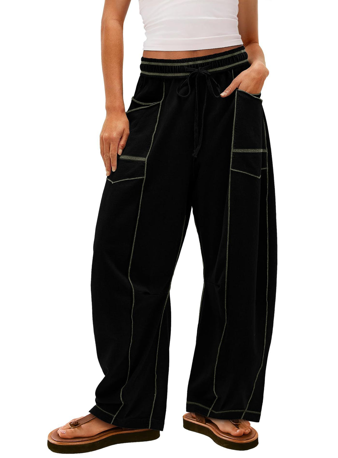 Damen weite Cargo-Loungehose mit elastischem Bund und Kontrastnähten Shop Nory