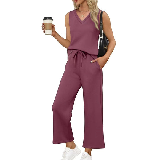 Damen Lässiges Zweiteiliges Lounge-Set mit Ärmellosem V-Neck-Top und Weiten Kordelbund-Hosen Shop Nory