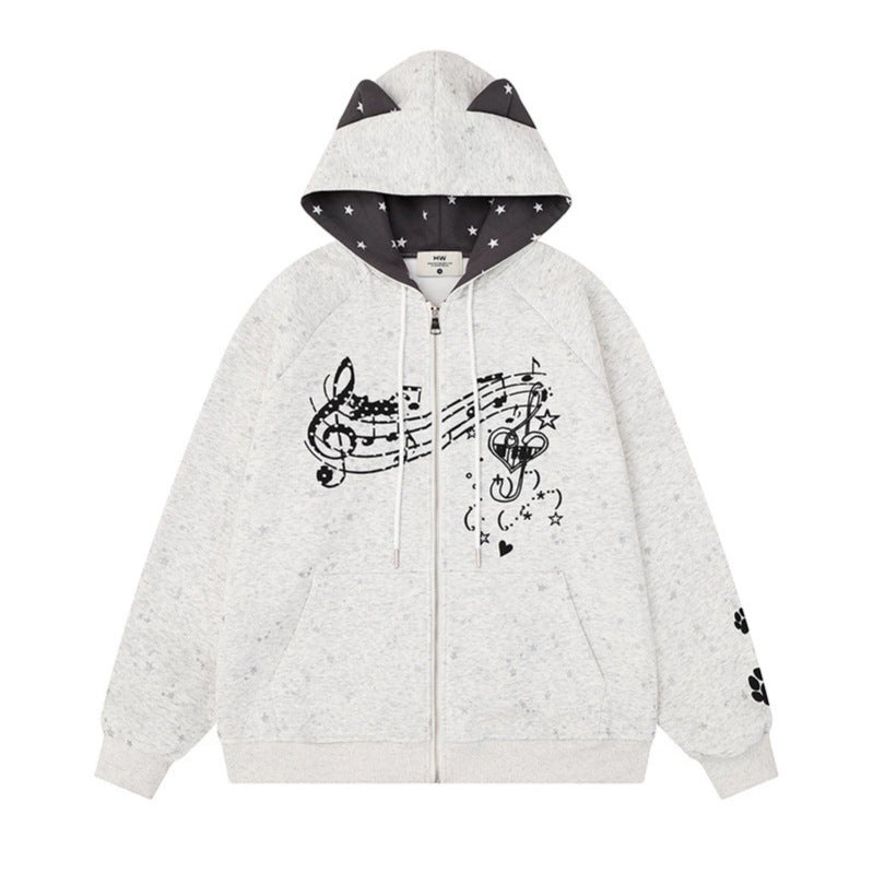 Damen Zip-Kapuzenjacke mit Musikprint, 3D-Ohrenkapuze und Pfoten-Applikation Shop Nory