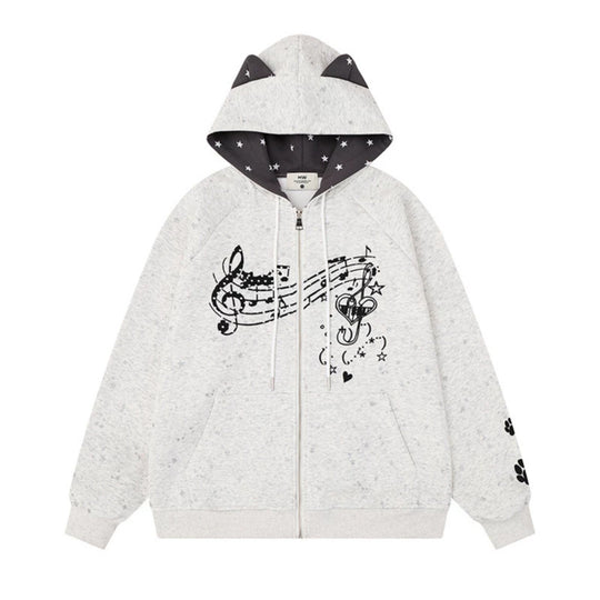 Damen Zip-Kapuzenjacke mit Musikprint, 3D-Ohrenkapuze und Pfoten-Applikation Shop Nory