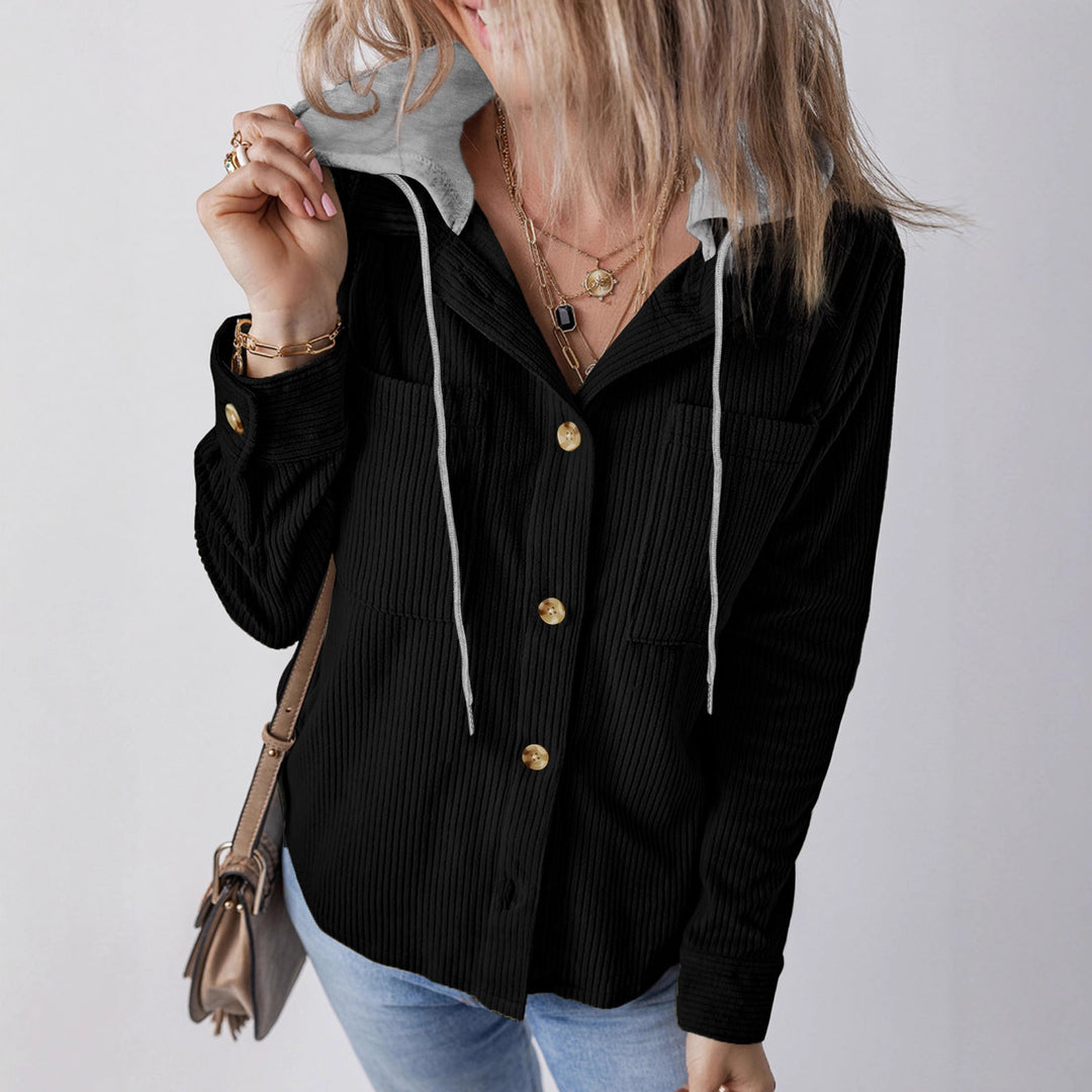 Damen Gerippte Hemdjacke mit Kapuze, Knopfleiste und aufgesetzten Taschen Shop Nory