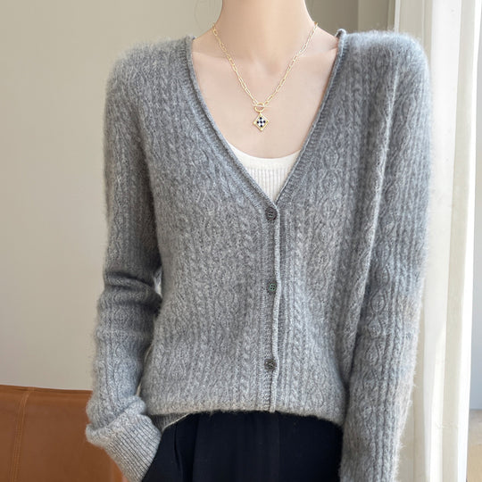 Damen Kurzer Zopfmuster-Cardigan im Mohair-Look mit V‑Ausschnitt und gerippten Bündchen Shop Nory