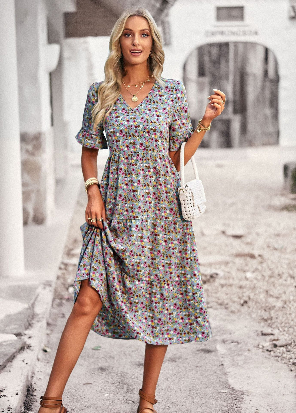 Damen Midi-Kleid mit Floralem Muster und Verspieltem V-Ausschnitt
