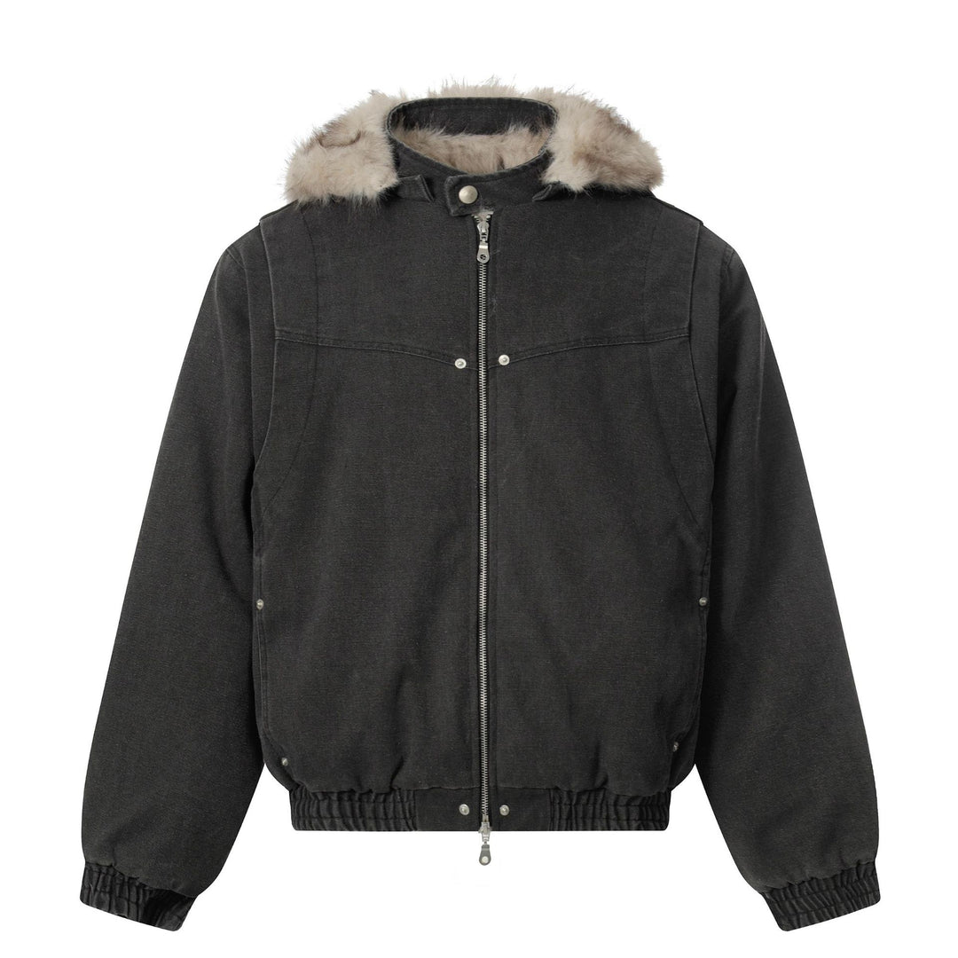 Herren Canvas-Bomberjacke mit abnehmbarer Kunstfellkapuze und elastischem Saum Shop Nory
