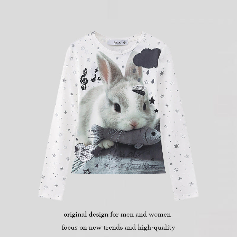 Damen Langarmshirt mit fotorealistischem Hasen-Fotoprint, Allover-Sternenmuster und elastischem Jersey Shop Nory