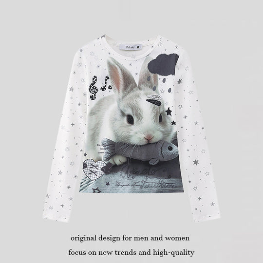 Damen Langarmshirt mit fotorealistischem Hasen-Fotoprint, Allover-Sternenmuster und elastischem Jersey Shop Nory