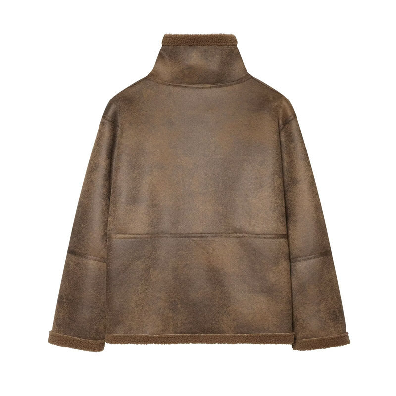 Damen Kurzjacke in Lammfelloptik mit Stehkragen, Knopf- und Schnallenverschluss Shop Nory