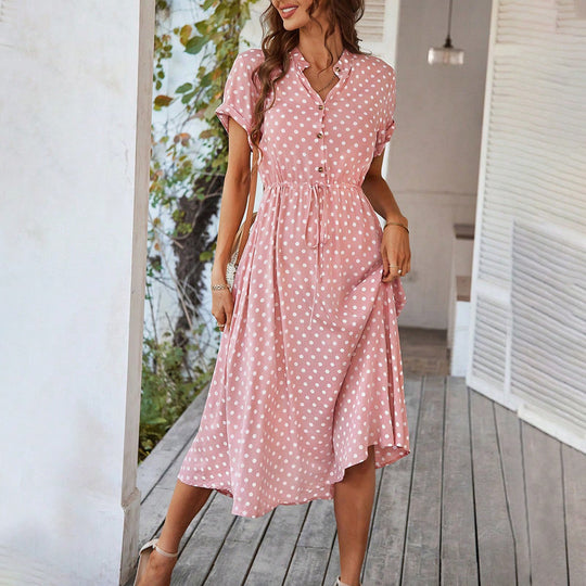 Damen Elegantes Hemdblusenkleid mit tailliertem Design und Polka-Dots