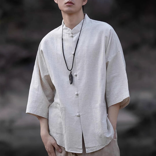Herren Oversize Hemd im Kimono-Stil aus Leinen-Baumwollmix mit Stehkragen Shop Nory
