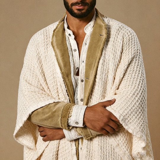 Herren weit geschnittener Baumwoll-Leinen Poncho mit Fransen und offener Front Shop Nory