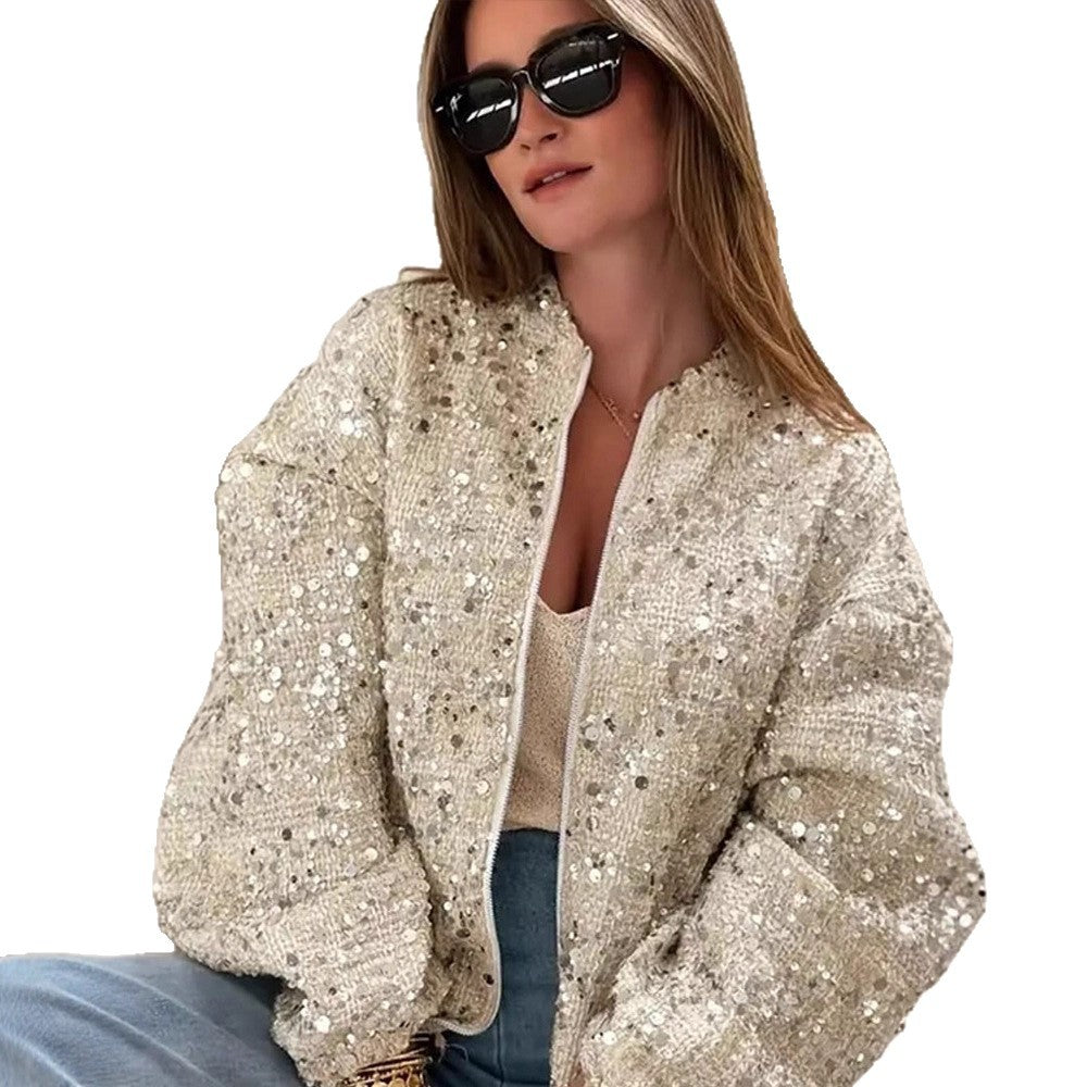 Damen Pailletten-Bomberjacke mit Reißverschluss, lockerer Boxy-Silhouette und dekorativen Glitzerapplikationen Shop Nory