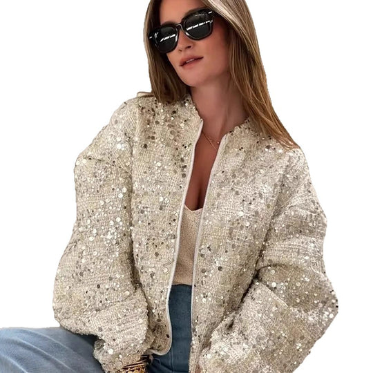 Damen Pailletten-Bomberjacke mit Reißverschluss, lockerer Boxy-Silhouette und dekorativen Glitzerapplikationen Shop Nory