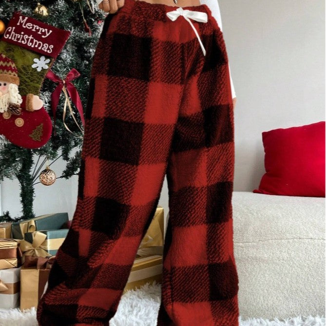 Damen nan kuschelige karierte Fleece-Hose mit Tunnelzugbund und weitem Bein Shop Nory