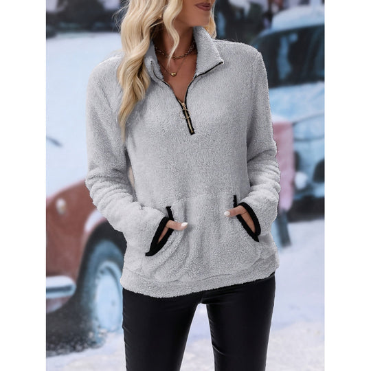 Damen flauschiger Fleece-Kuschelpullover mit halbem Reißverschluss, Kängurutasche und Stehkragen Shop Nory