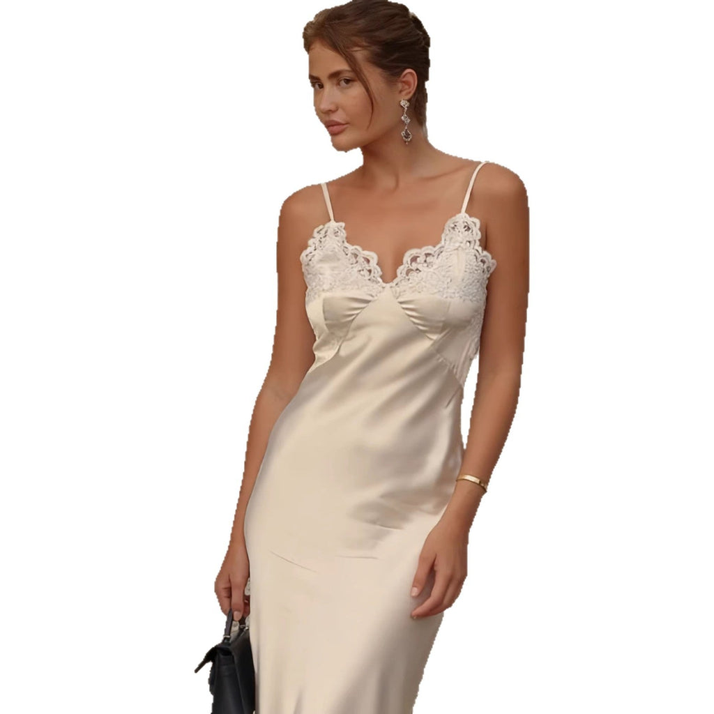 Damen elegantes Satin Maxikleid mit Spitzenbesatz und schmalem Trägerdesign Shopnory