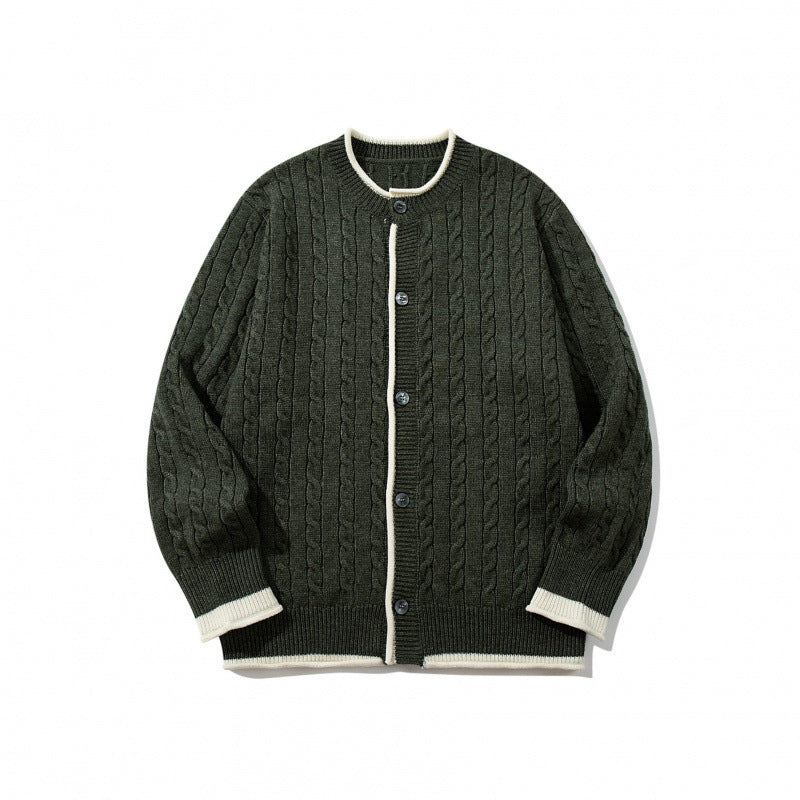 Unisex Feinstrick-Cardigan mit Zopfmuster, Rundhalsausschnitt und Kontrastblende Shop Nory