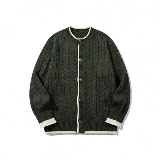 Unisex Feinstrick-Cardigan mit Zopfmuster, Rundhalsausschnitt und Kontrastblende Shop Nory