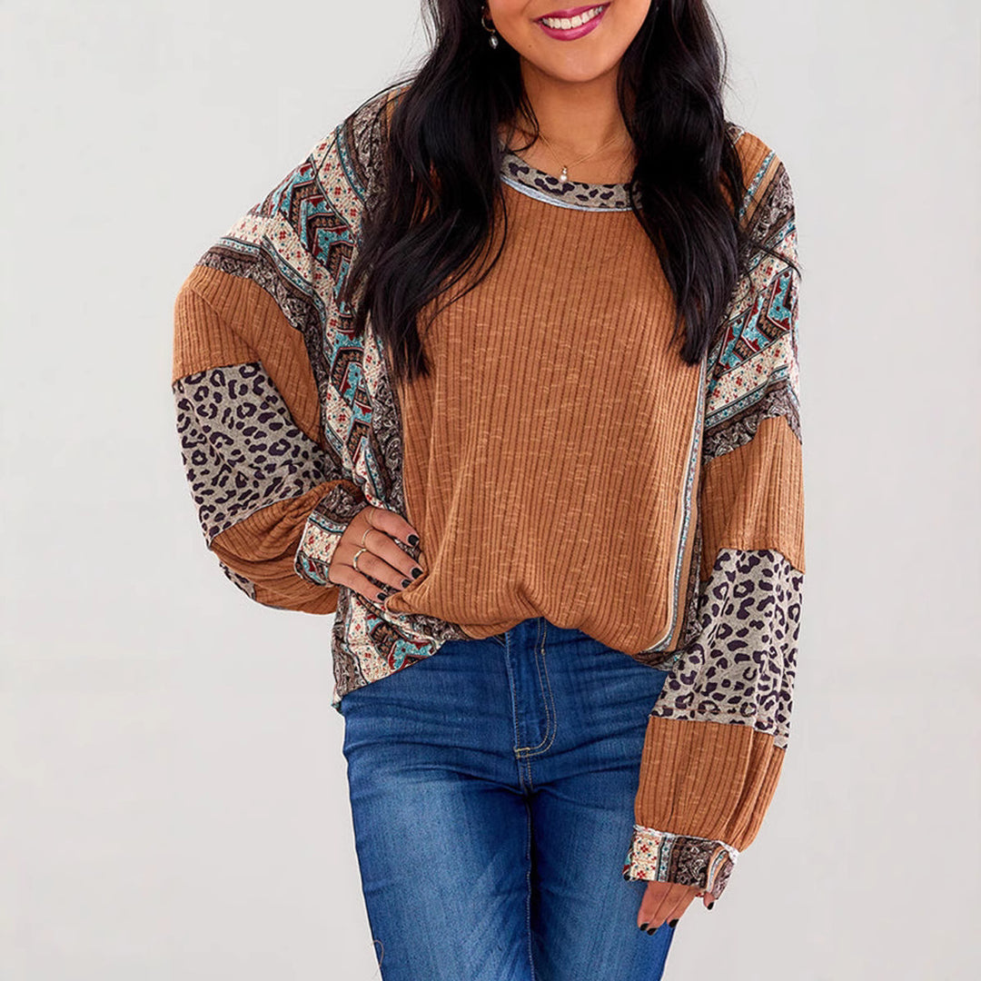 Damen Lässiges Patchwork-Longsleeve mit Rippenstruktur, Leoparden- und Boho-Print Shop Nory