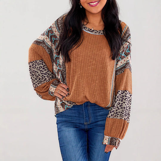 Damen Lässiges Patchwork-Longsleeve mit Rippenstruktur, Leoparden- und Boho-Print Shop Nory
