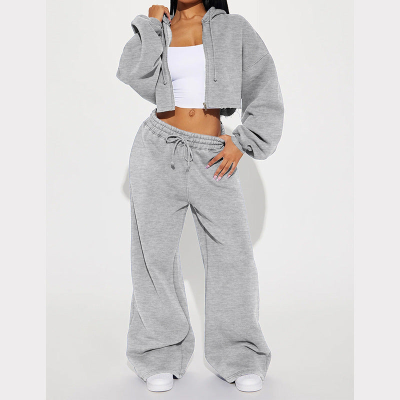 Damen gekürztes Reißverschluss-Kapuzenoberteil und hochtaillierte weite Fleece-Jogginghose Set Shop Nory