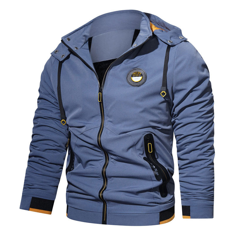 Herren sportlich-urbaner Kapuzenzip-Hoodie mit wasserabweisenden Reißverschlüssen und Logo-Patch Shop Nory