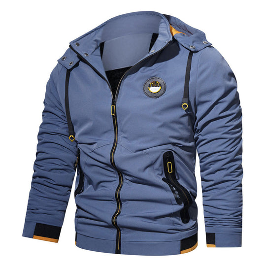 Herren sportlich-urbaner Kapuzenzip-Hoodie mit wasserabweisenden Reißverschlüssen und Logo-Patch Shop Nory