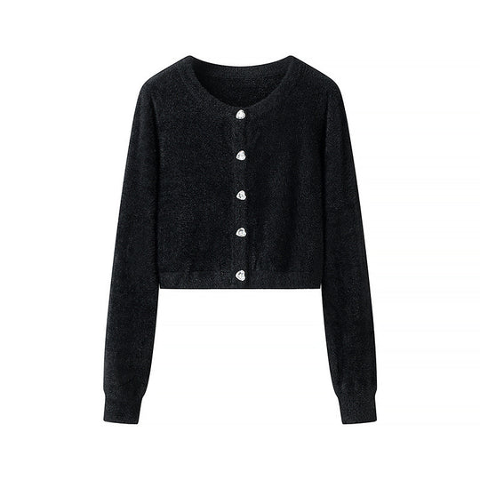 Damen Flauschige Cropped-Strickjacke mit Rundhals und Zierknopfleiste Shop Nory