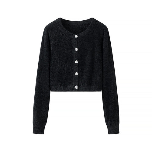 Damen Flauschige Cropped-Strickjacke mit Rundhals und Zierknopfleiste Shop Nory