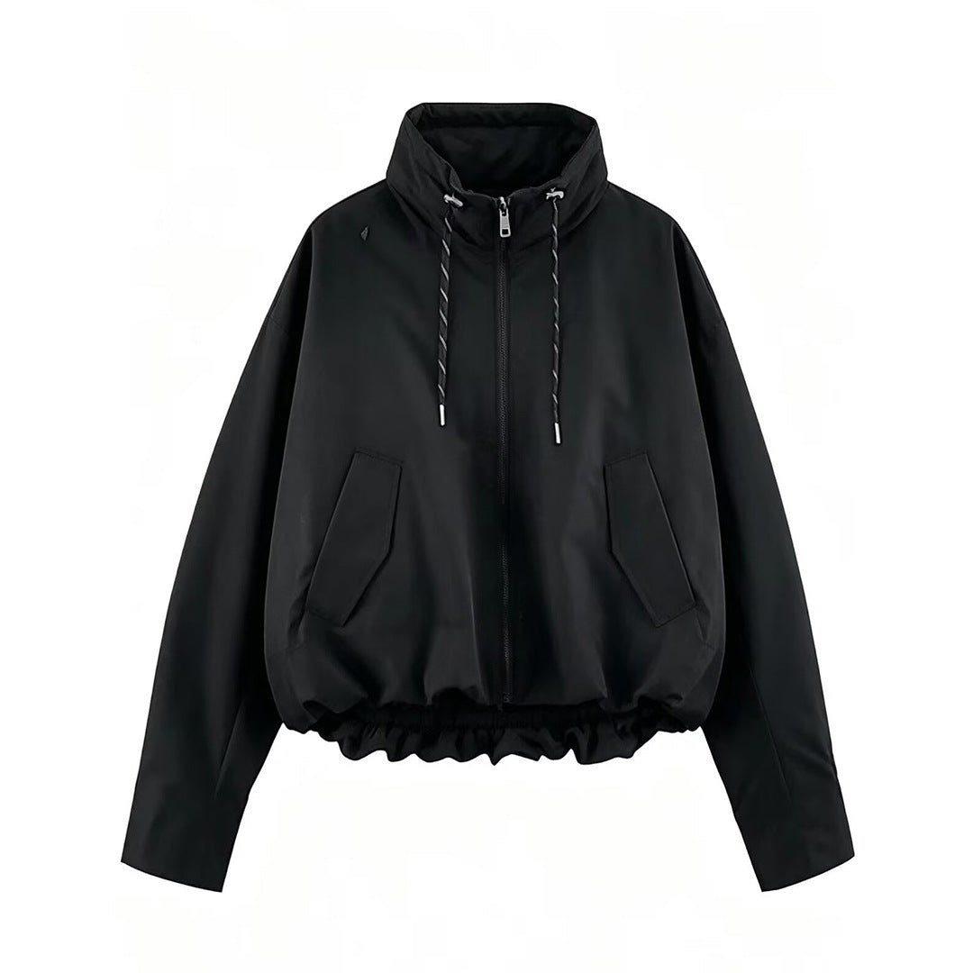 Damen Cropped Oversize Windbreaker mit hohem Funnelkragen, Kordelzug und gerafftem Elastikbund Shop Nory