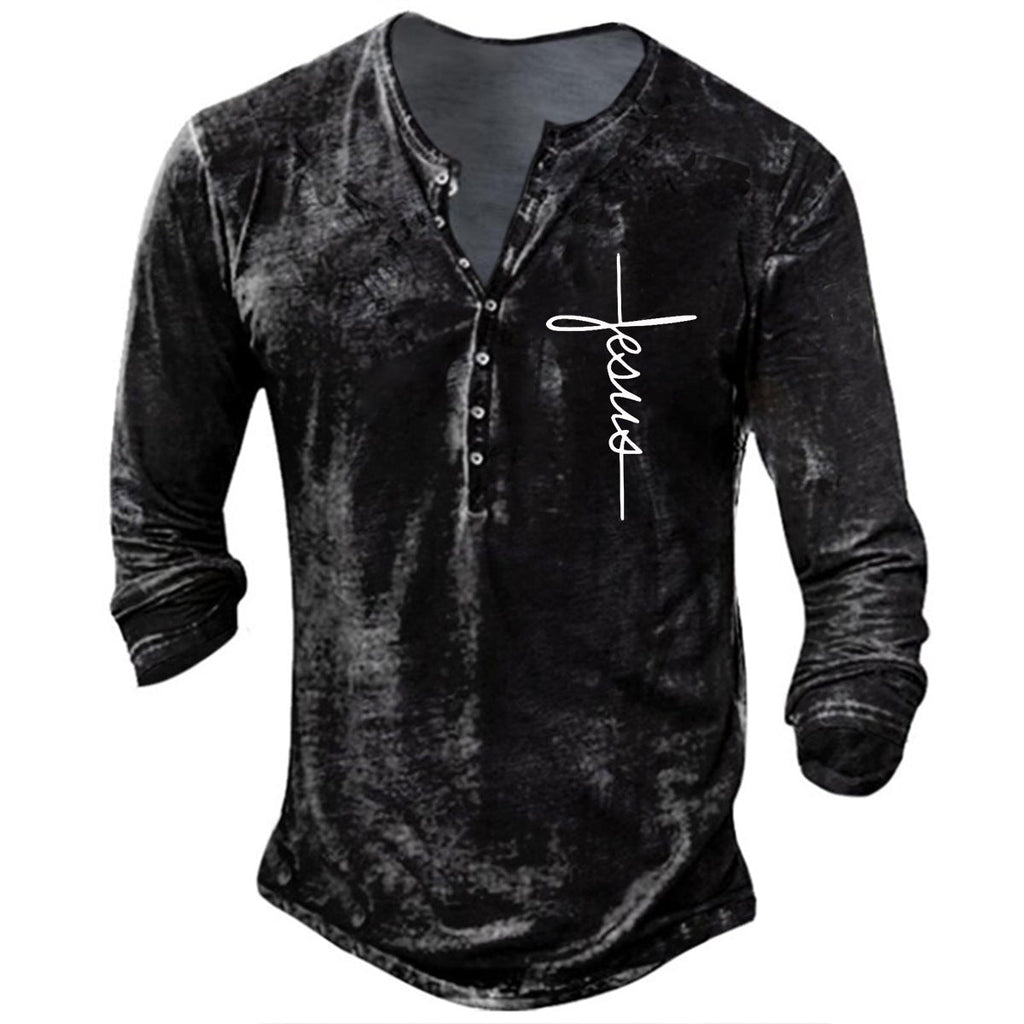 Herren Langarm Henley-Shirt mit kreativem Grafikdruck