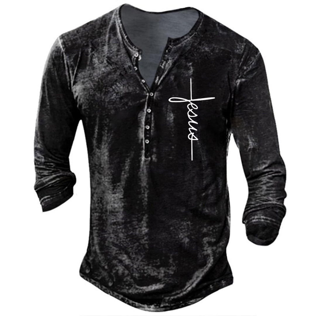 Herren Langarm Henley-Shirt mit kreativem Grafikdruck