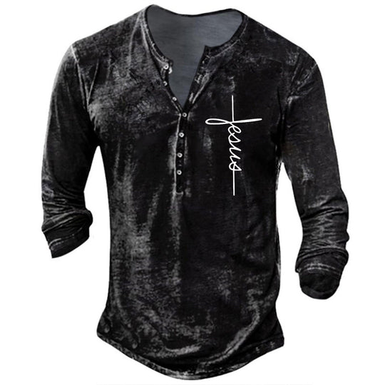 Herren Langarm Henley-Shirt mit kreativem Grafikdruck