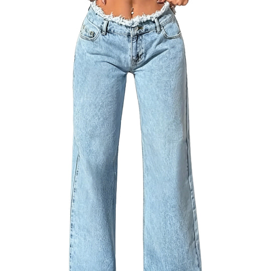 Damen High-Waist Schlagjeans mit rohem Bund und weitem Bein Shop Nory