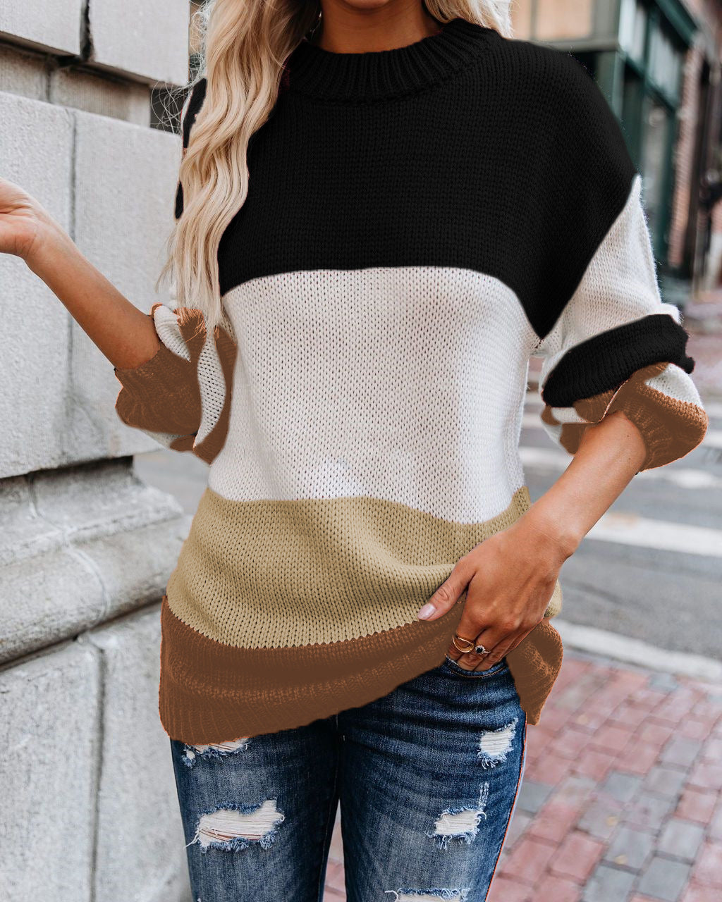Damen Grobstrick Farbblockpullover mit hohem Rippenkragen und Oversize‑Passform Shop Nory