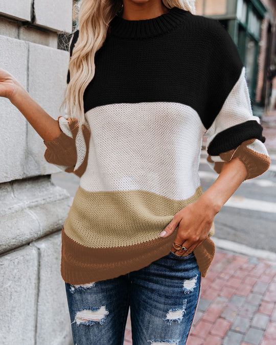 Damen Grobstrick Farbblockpullover mit hohem Rippenkragen und Oversize‑Passform Shop Nory