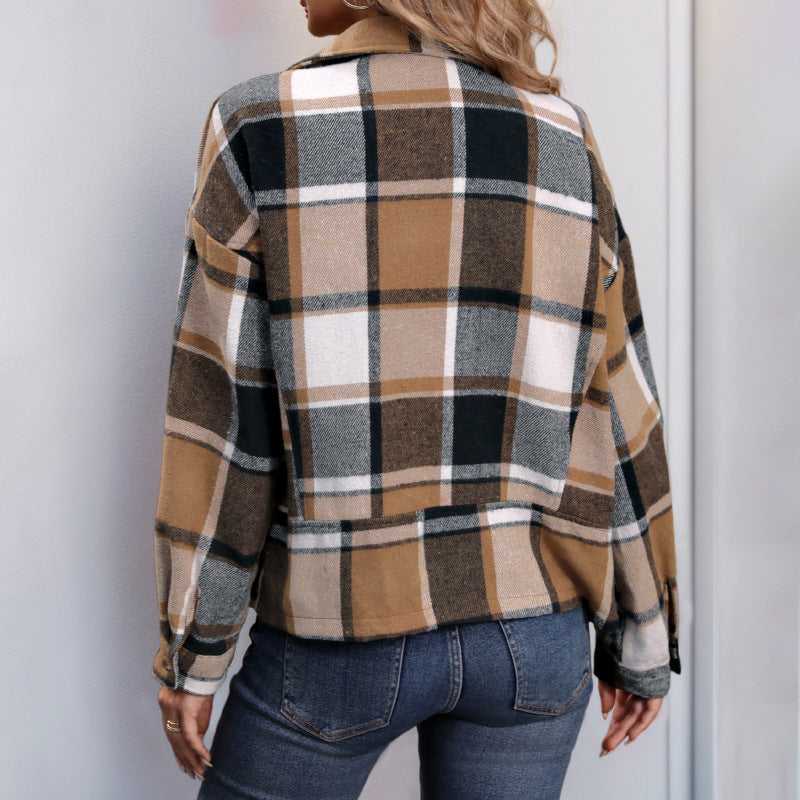 Damen Oversize-Karo-Shacket mit Reverskragen, Reißverschluss & aufgesetzten Taschen Shop Nory