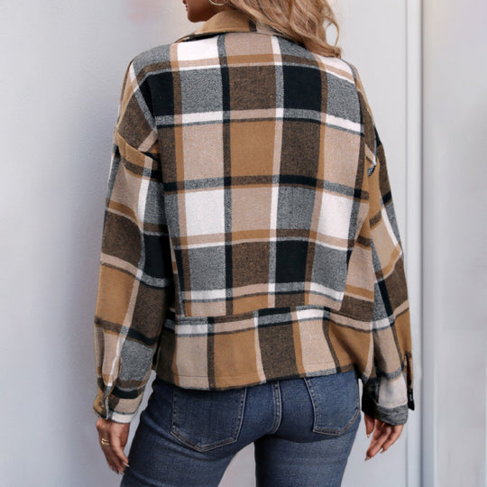 Damen Oversize-Karo-Shacket mit Reverskragen, Reißverschluss & aufgesetzten Taschen Shop Nory