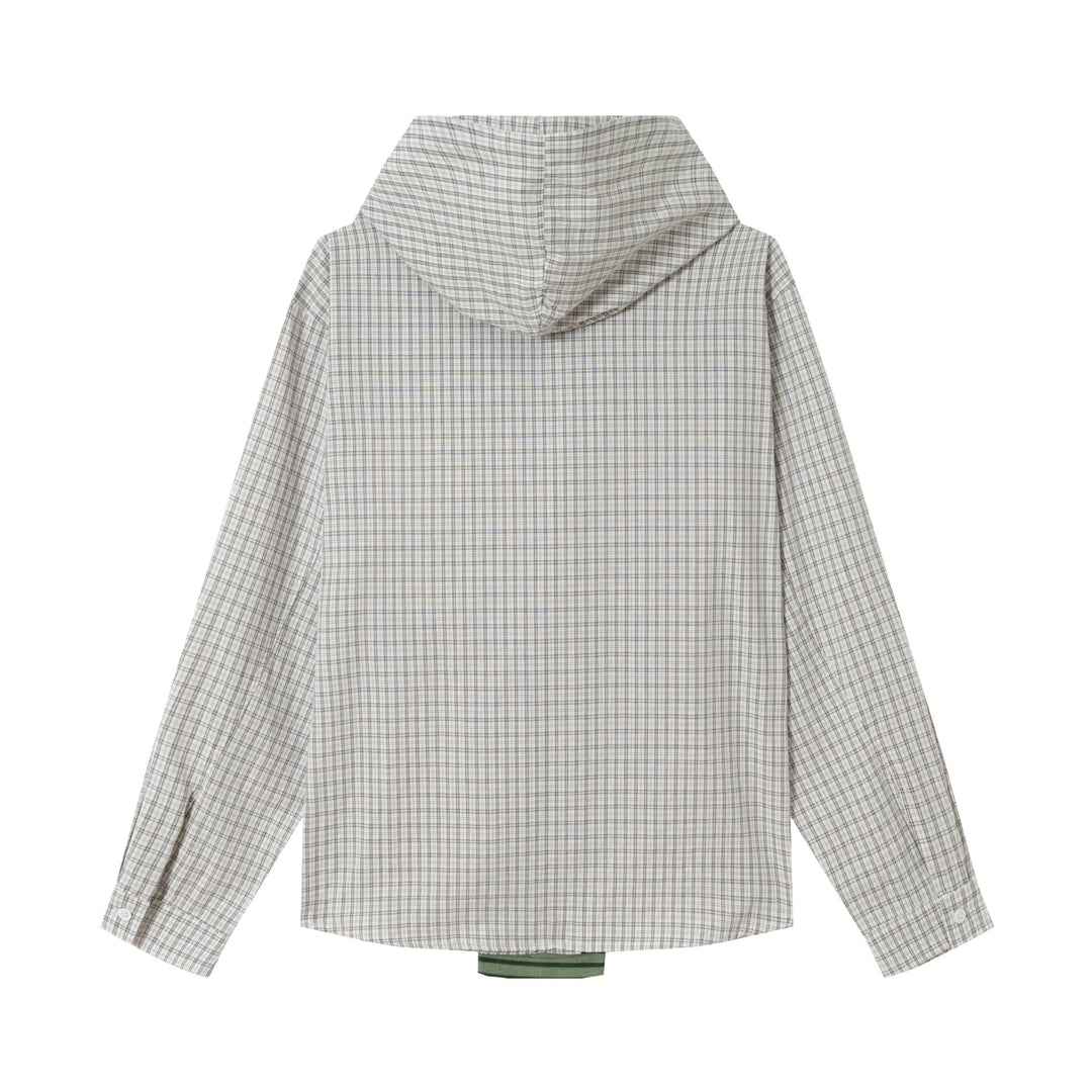 Damen Oversize Hemdjacke mit Kapuze, angenähtem Strickschal und Brustpatch Shop Nory