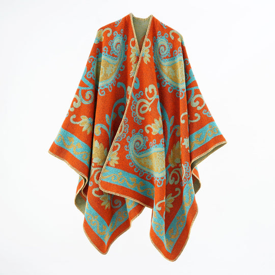 Damen Wollmix-Poncho-Umhang mit Paisley-Jacquard und Ziernaht Shop Nory