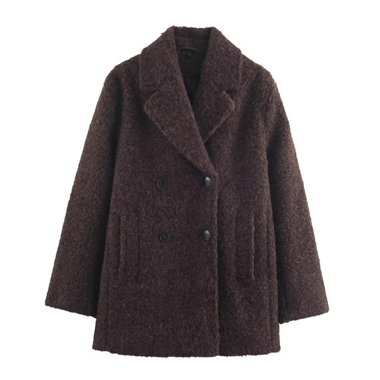 Damen Doppelreihiger Teddy-Mantel mit Schalkragen und aufgesetzten Taschen Shop Nory