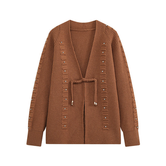 Damen Grobstrick-Cardigan mit Strassbesatz, Flechtkordel und offenem V-Ausschnitt Shop Nory