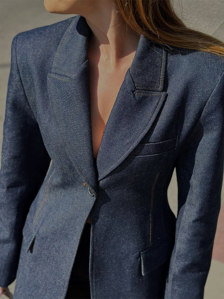 Damen taillierter Jeansblazer mit geschwungenem Revers Shop Nory